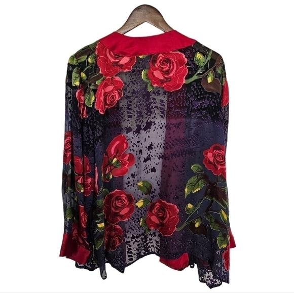 Floral boho burn out vevet silk blend sheer multicolor prints top size 1X - Picture 10 of 11